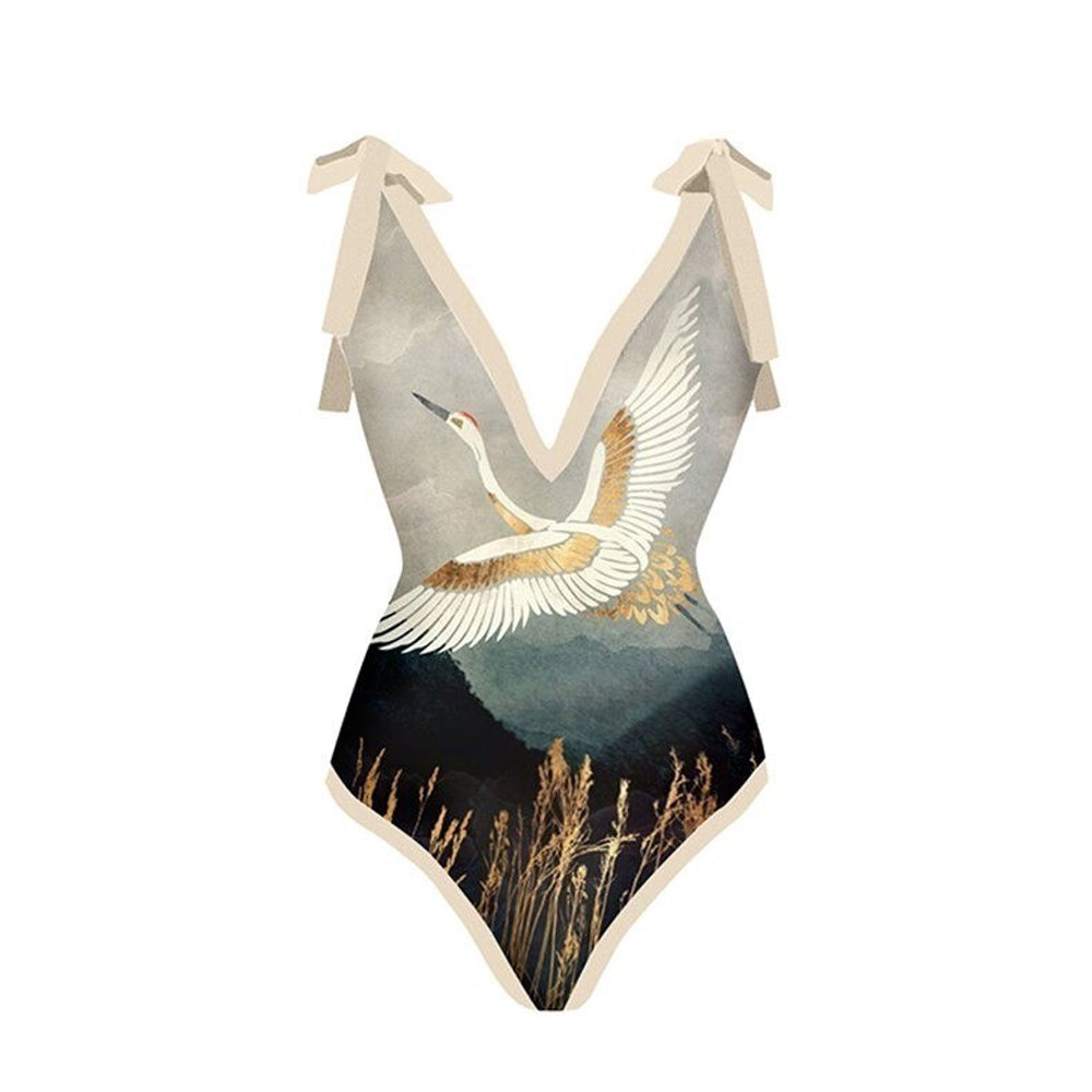 Print One Piece Swimsuit and Splicing Sarong