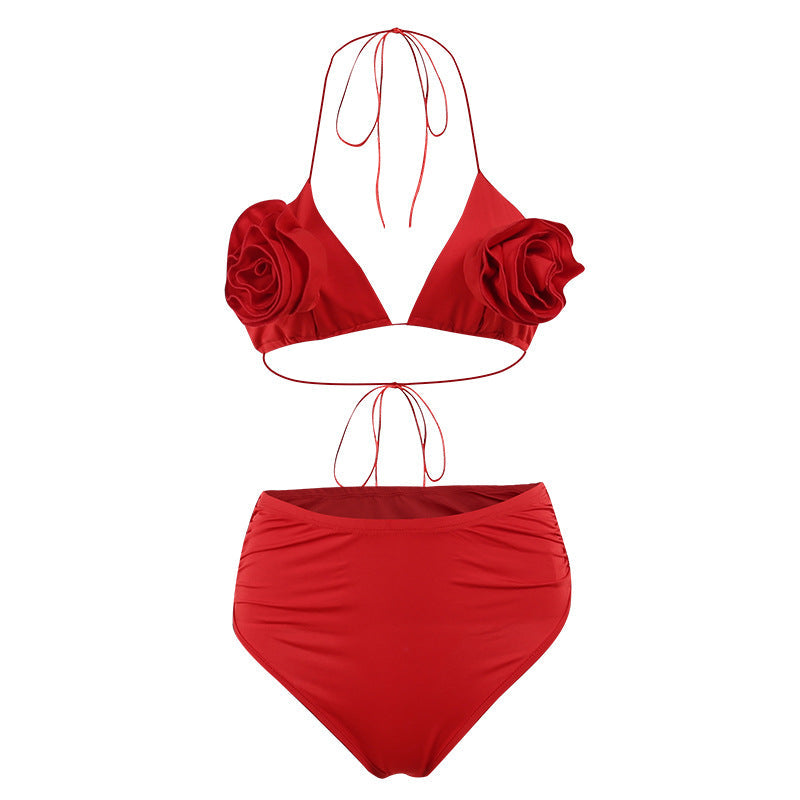 3D Flower Solid Color Bikini Swimsuit