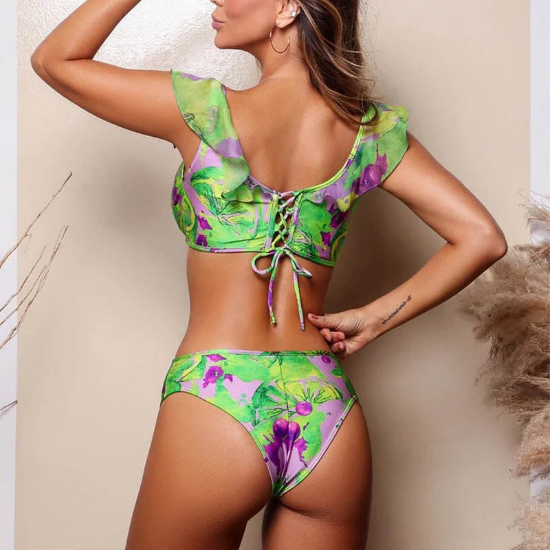 Fruit&Vegetable Print Tie Ruffle Trim Swimsuit