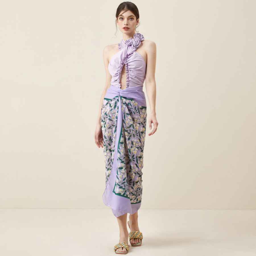 Vioye Purple Halter 3D Flower Decor Backless One Piece Swimsuit and Sarong