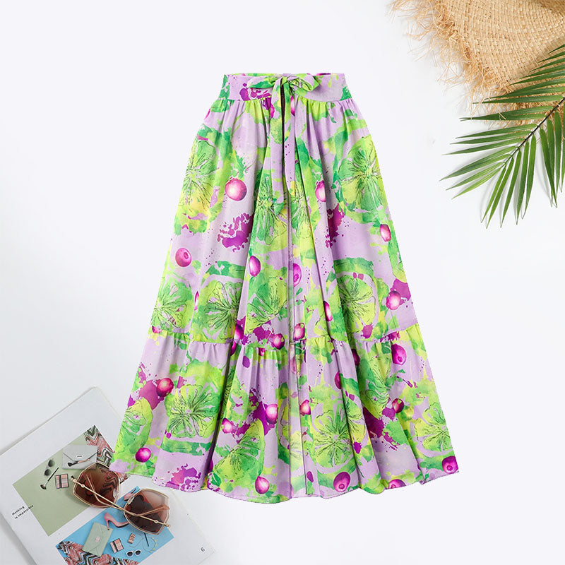 Fruit&Vegetable Print Tie Ruffle Trim Swimsuit