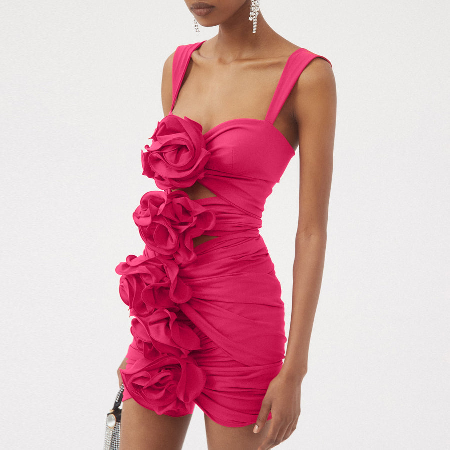 Vioye Rose Red 3D Flower Cutout One Piece Swimsuit and Skirt