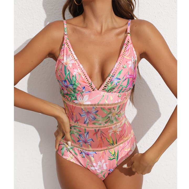 Vioye V Neck Floral Print One Piece Swimsuit and Mesh Splicing Sarong