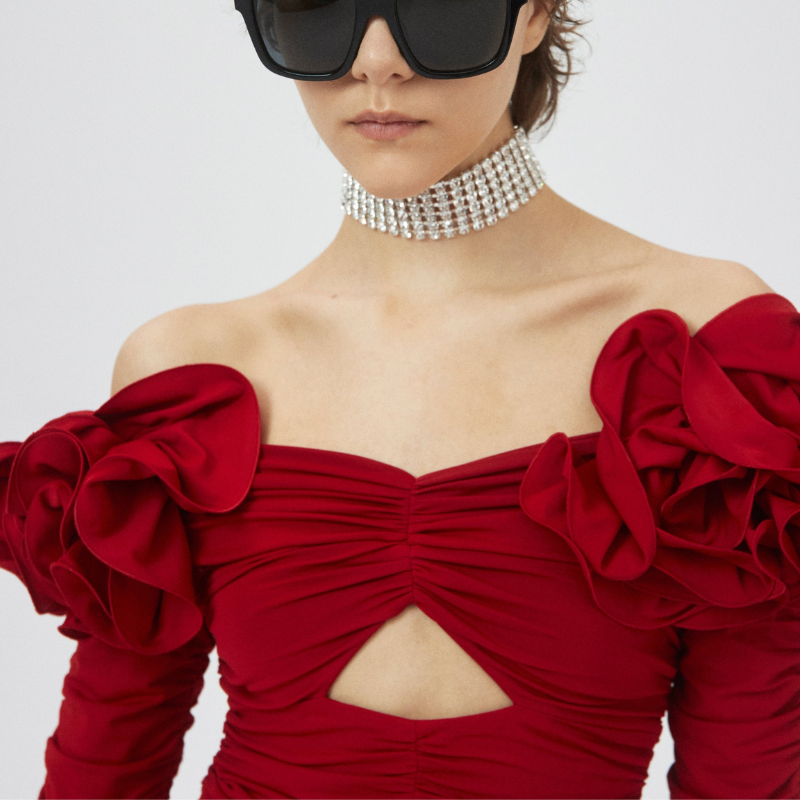 Vioye Red Off Shoulder 3D Flower Long Sleeve One Piece Swimsuit and Skirt