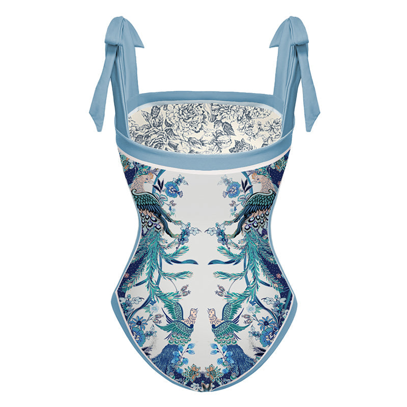 Vioye Blue Reversible Bowknot Tie-shoulder One Piece Swimsuit and Sarong/Skirt