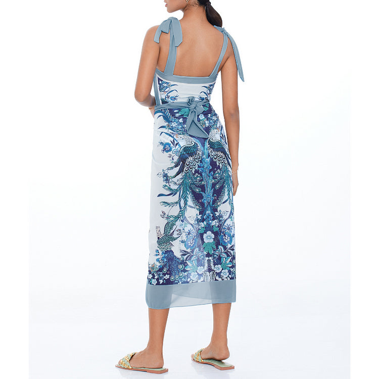 Vioye Blue Reversible Bowknot Tie-shoulder One Piece Swimsuit and Sarong/Skirt