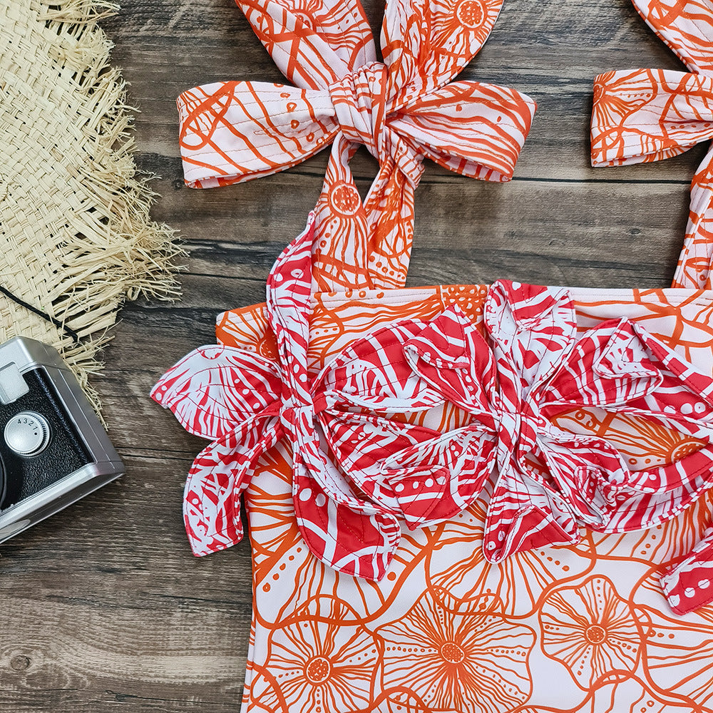 3D Flower Color Block Bowknot Printed One Piece Swimsuit