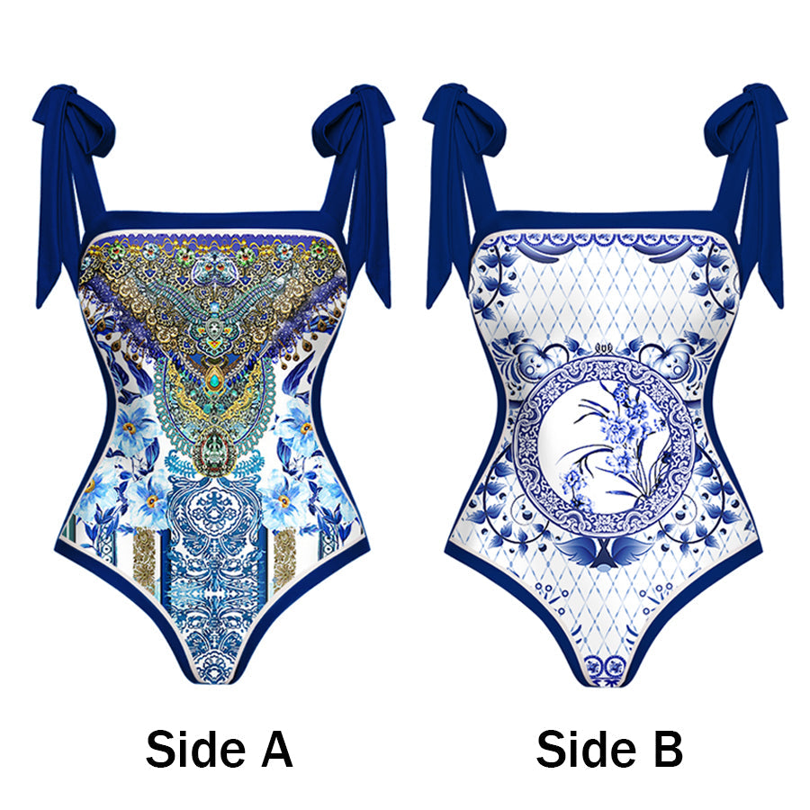 Vioye Reversible Bowknot Tie-shoulder One Piece Swimsuit and Sarong