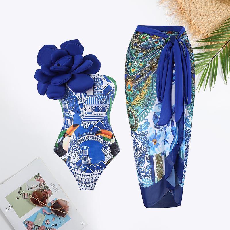 All Over Print Flower Decoration Tie Front Swimsuit