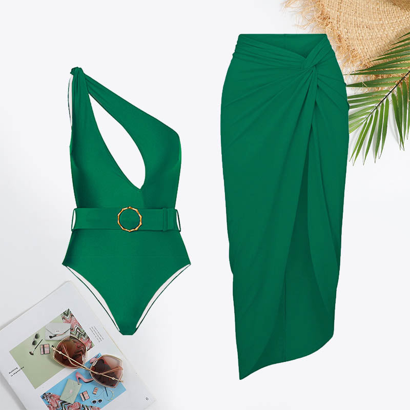 One Shoulder Cut Out Backless Belted Twist Front Swimsuit