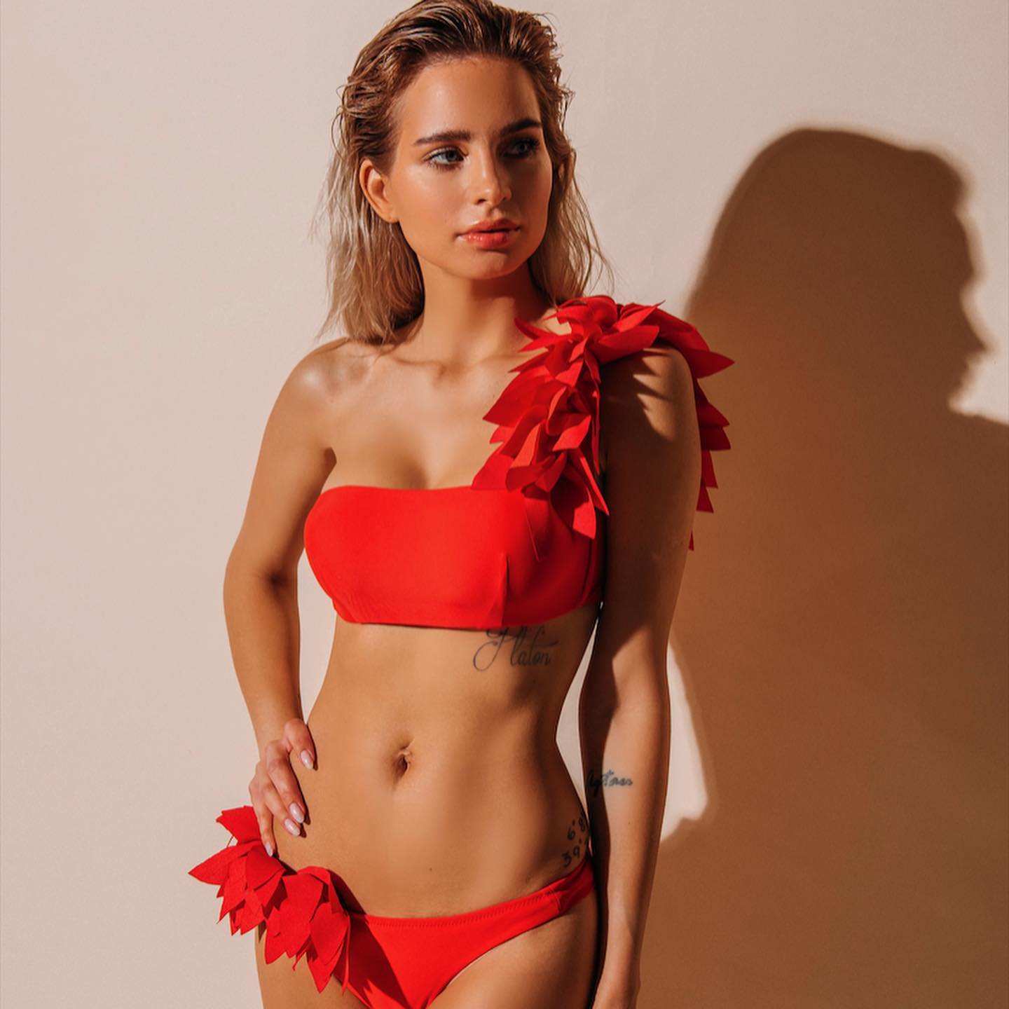 3D Flower One Shoulder Red Bikini Swimsuit