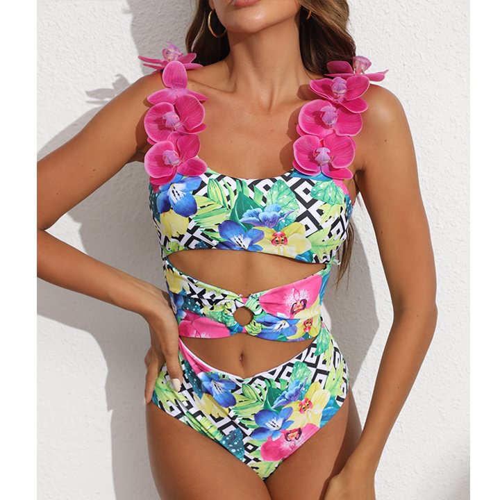 3D orchid Print One Piece Swimsuit and Sarong