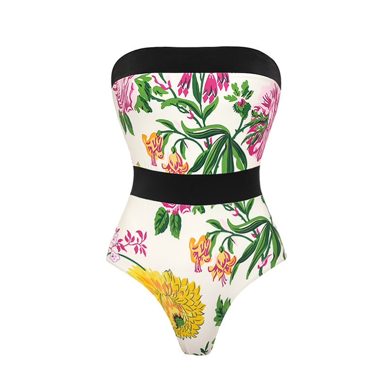 Off Shoulder Back Bow Tie Color Block Printed One Piece Swimsuit and Skirt(Shipped on Sep 25th)