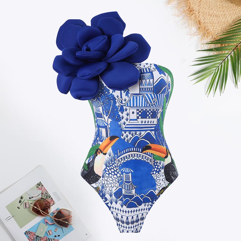 All Over Print Flower Decoration Tie Front Swimsuit