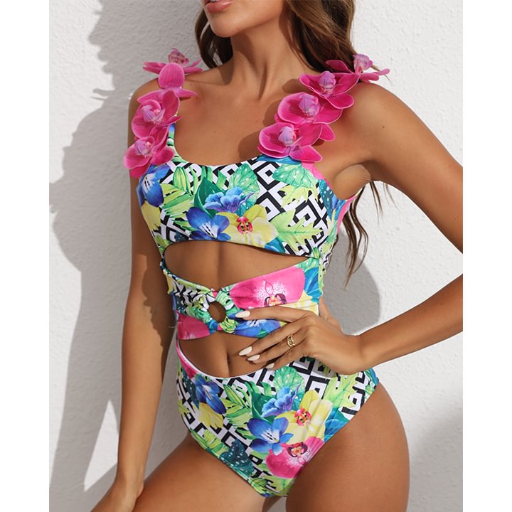 3D orchid Print One Piece Swimsuit and Sarong