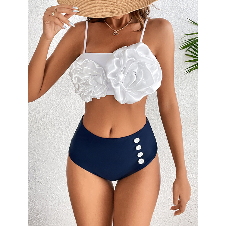 Vioye 3D Flowers Color Block Bikini Swimsuit