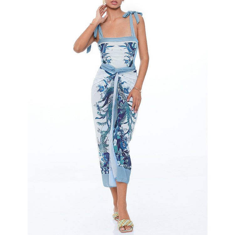 Vioye Blue Reversible Bowknot Tie-shoulder One Piece Swimsuit and Sarong/Skirt