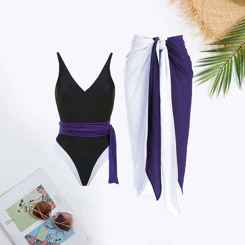 Contrast Binding Belted Tie Swimsuit