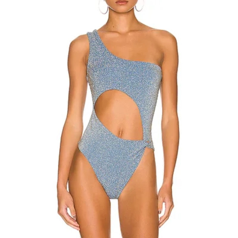 Asymmetrical Neck Beaded Detail Cut Out Front Swimsuit