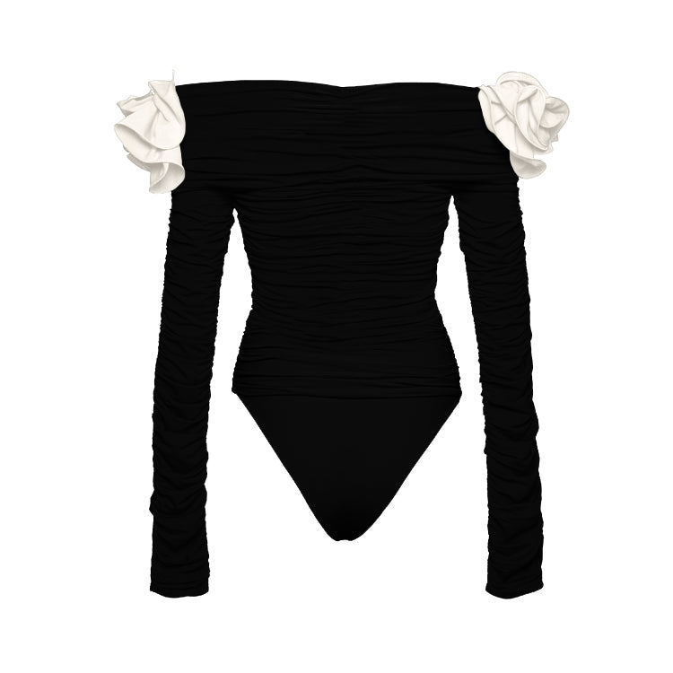 Vioye Black Off Shoulder 3D Flower Long Sleeve One Piece Swimsuit and Skirt