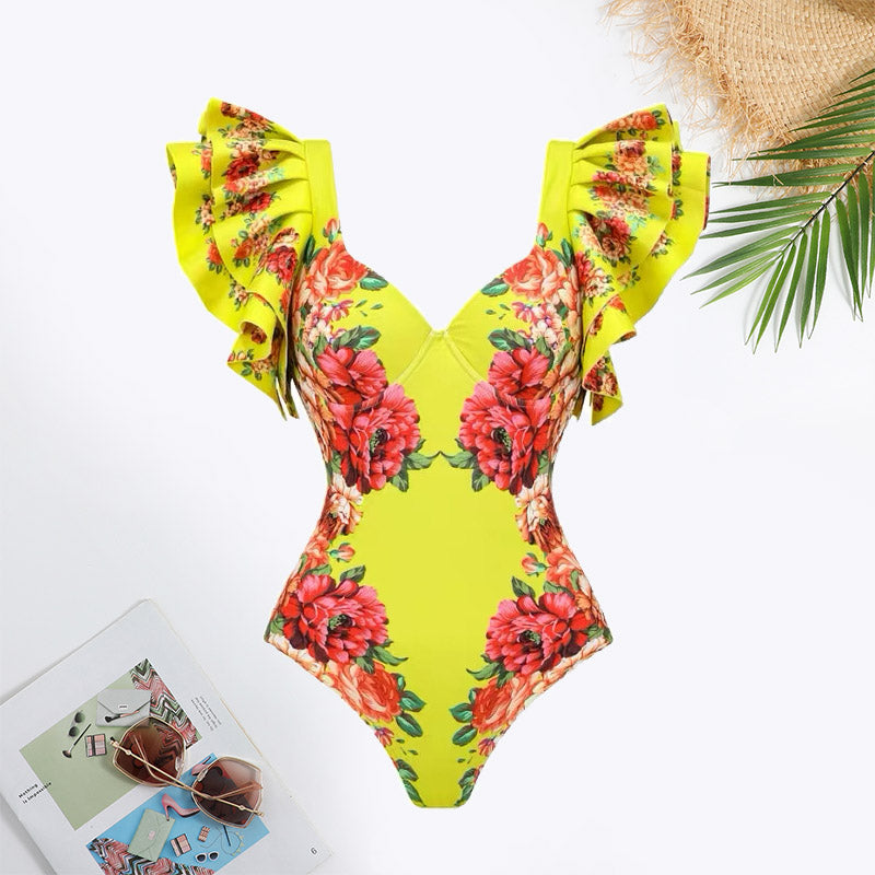Colorblock Floral Print Ruffle Trim Swimsuit