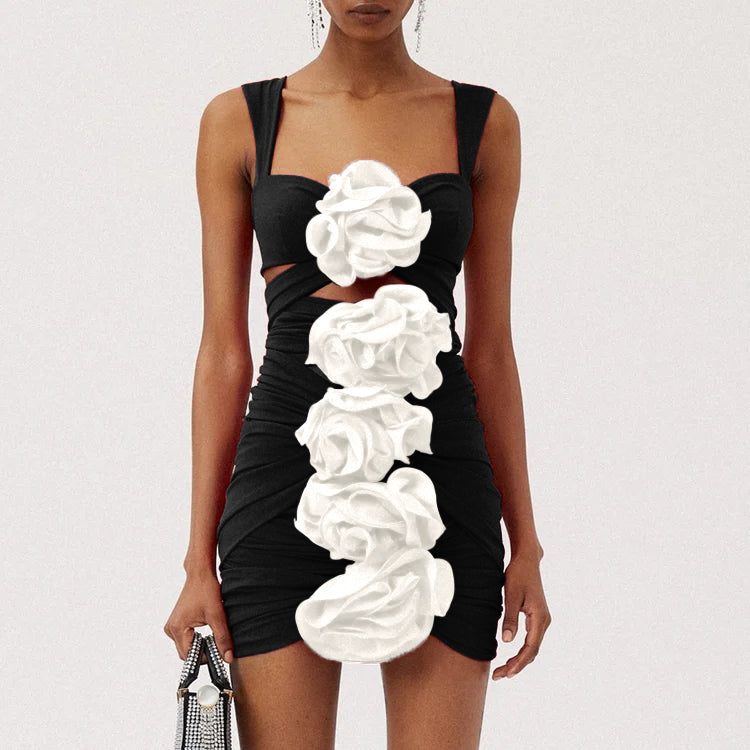 Vioye Black 3D Flower Cutout One Piece Swimsuit and Skirt