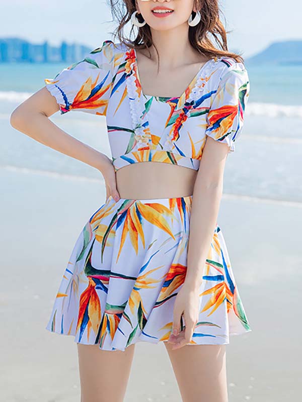 Beach Casual Plants Print Cut Out Back Swimsuit