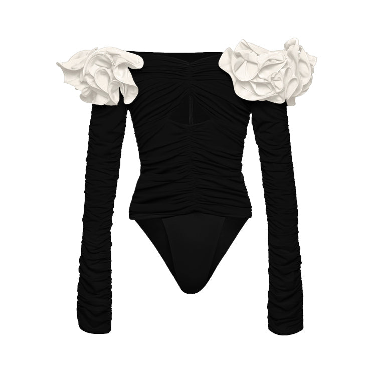 Vioye Black Off Shoulder 3D Flower Long Sleeve One Piece Swimsuit and Skirt