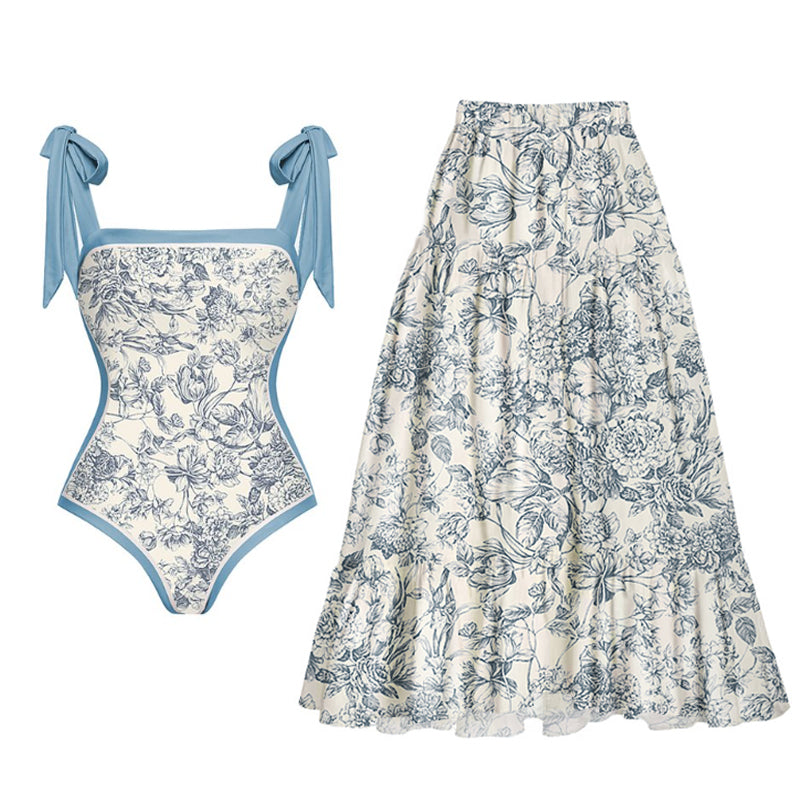 Vioye Blue Reversible Bowknot Tie-shoulder One Piece Swimsuit and Sarong/Skirt