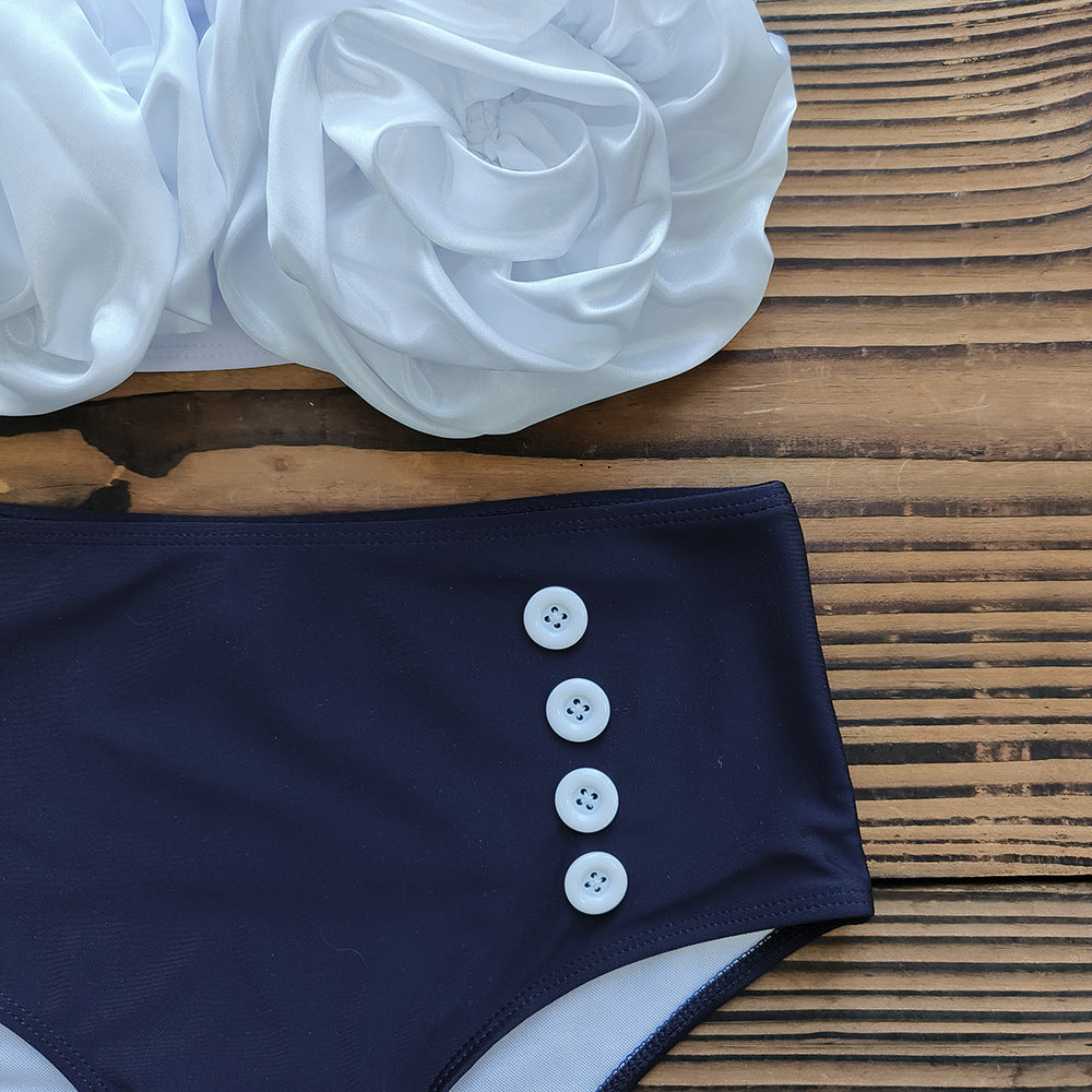 Vioye 3D Flowers Color Block Bikini Swimsuit