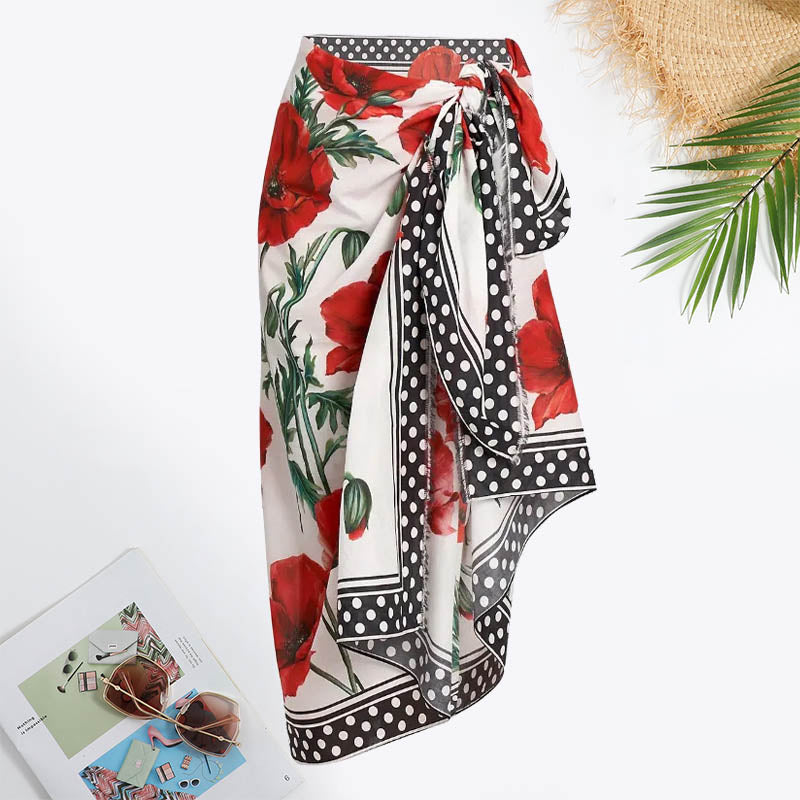 Floral&Polka Dot Print Contrast Binding Tie Swimsuit