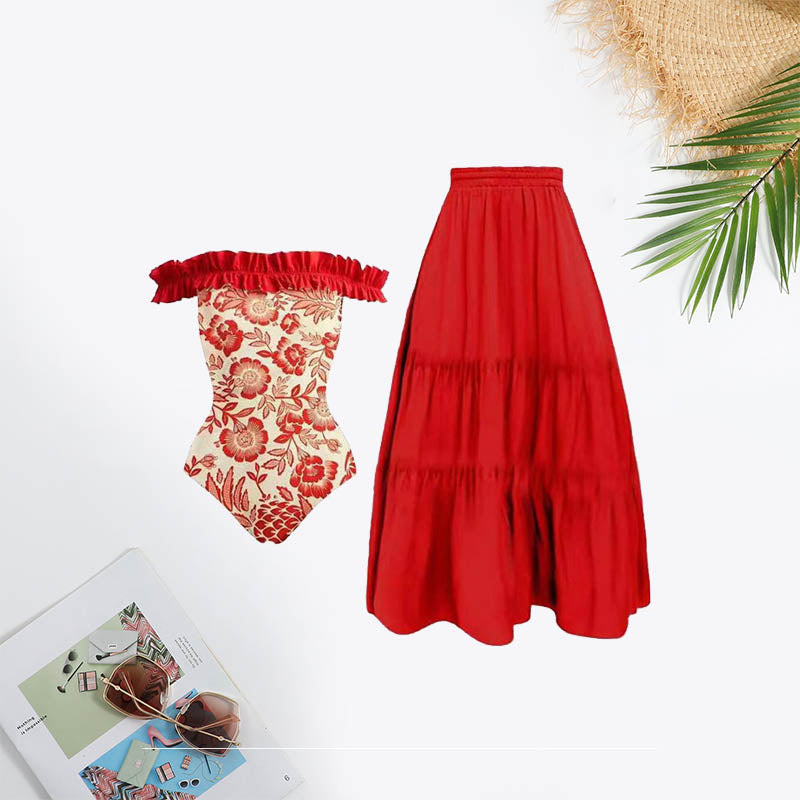 Beach Town Bound Floral Print Off Shoulder Ruffle Trim Swimsuit