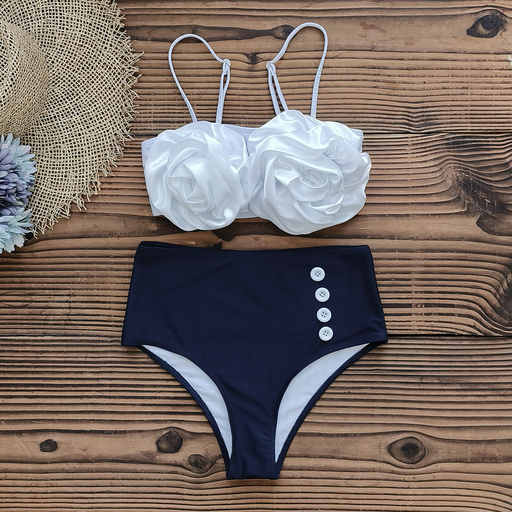 Vioye 3D Flowers Color Block Bikini Swimsuit