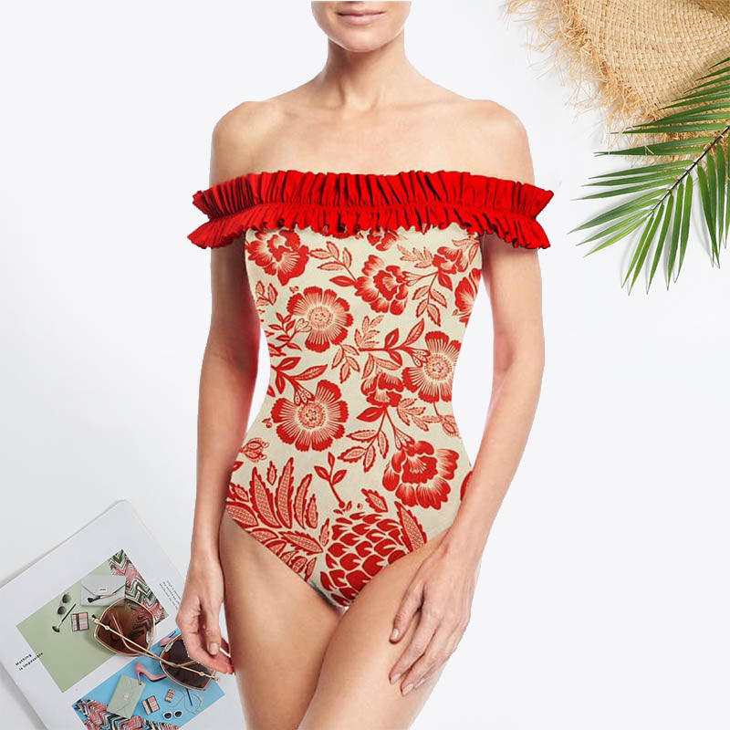 Beach Town Bound Floral Print Off Shoulder Ruffle Trim Swimsuit