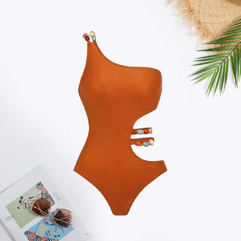One Shoulder Beaded Detail Cut Out Waist Swimsuit