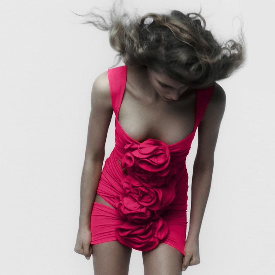 Vioye Rose Red 3D Flower Cutout One Piece Swimsuit and Skirt