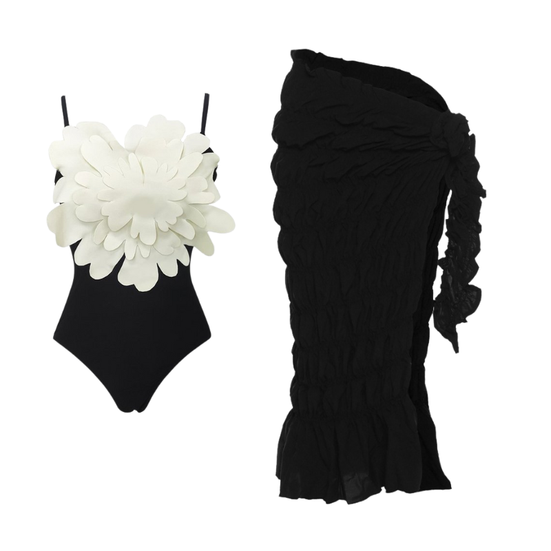 3D Flower Decor Black One Piece Swimsuit and Sarong
