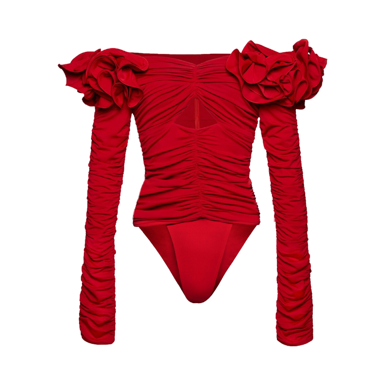 Vioye Red Off Shoulder 3D Flower Long Sleeve One Piece Swimsuit and Skirt