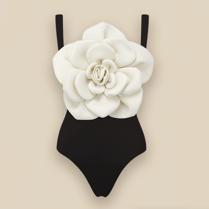 3D Flower Sling Black and White One Piece Swimsuit and Skirt (Shipped on Nov 6th)