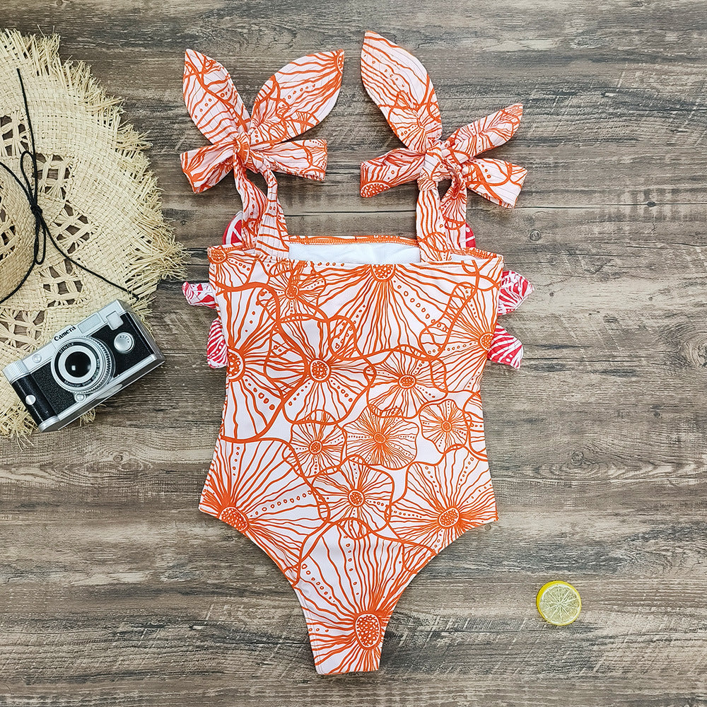 3D Flower Color Block Bowknot Printed One Piece Swimsuit