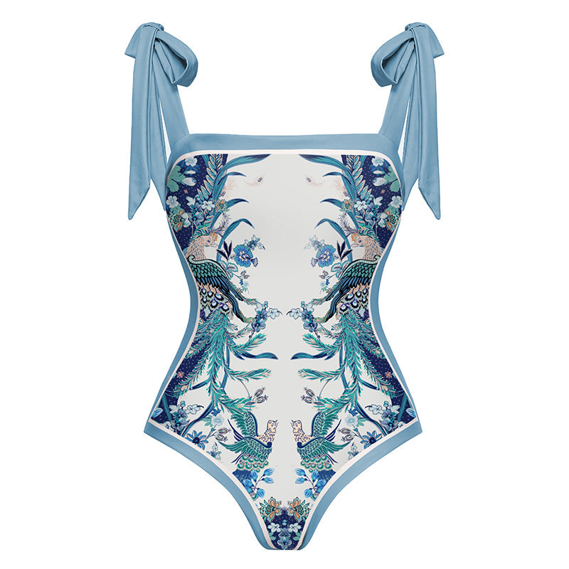 Vioye Blue Reversible Bowknot Tie-shoulder One Piece Swimsuit and Sarong/Skirt