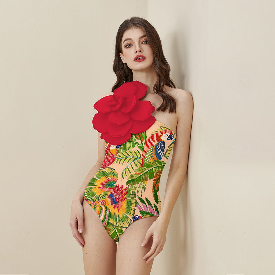 Vioye Exaggerated 3D Flower Printed One Piece Swimsuit and Sarong