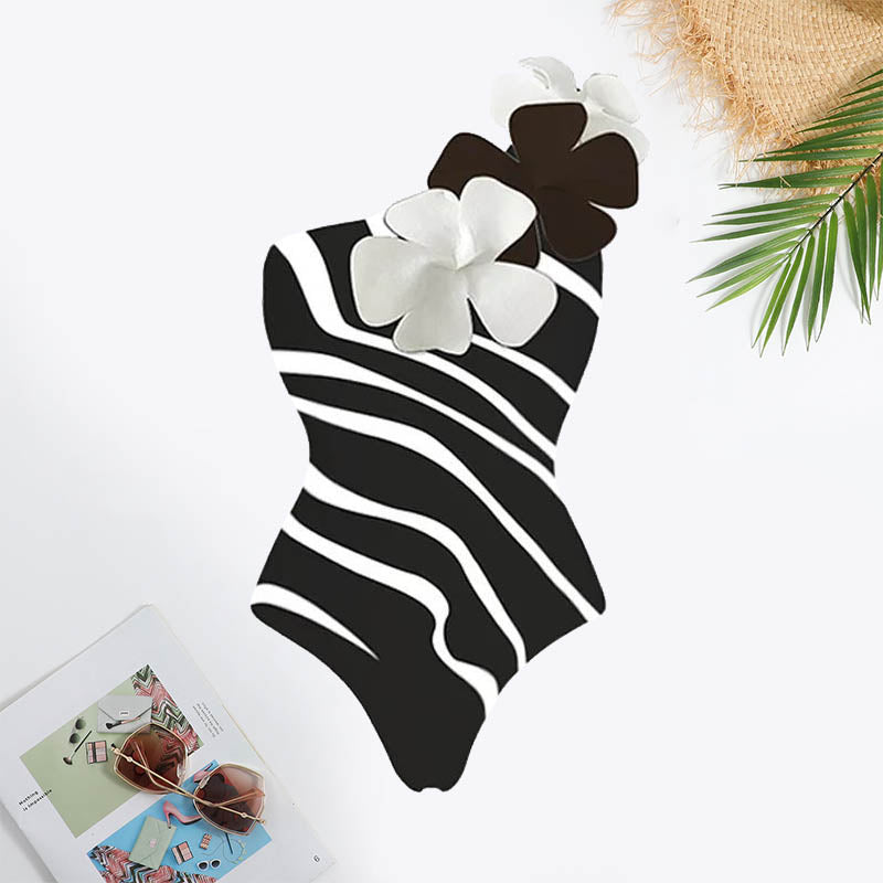 Zebra Stripe Print Flower Decoration One Shoulder Asymmetrical Hem Swimsuit