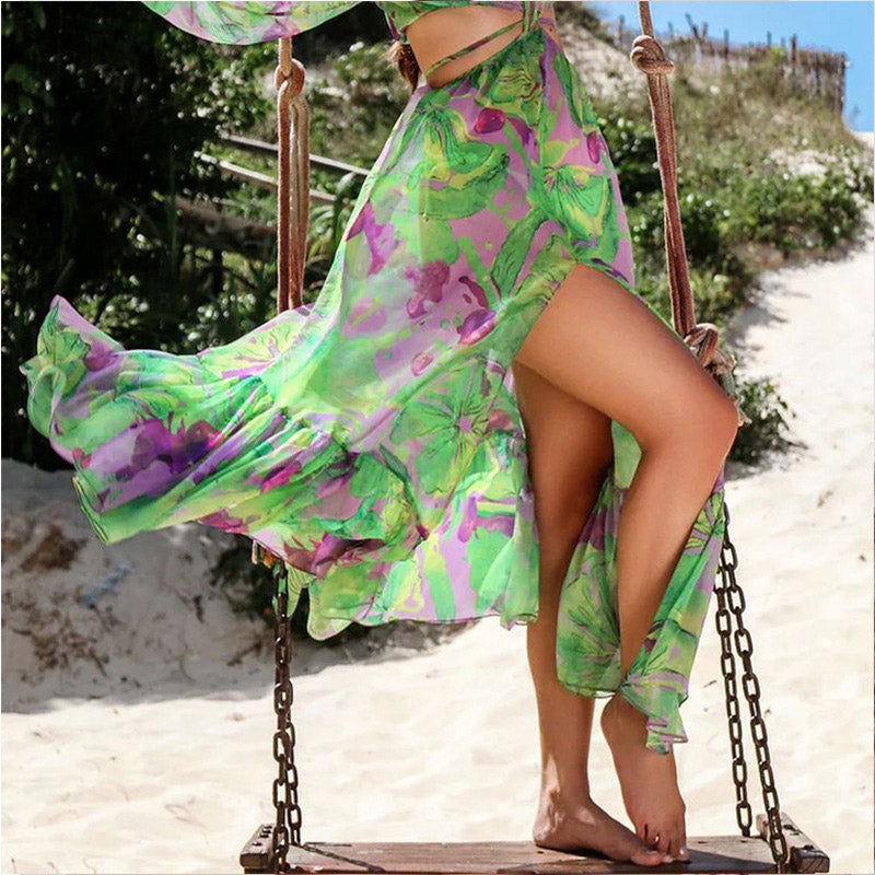 Fruit&Vegetable Print Tie Ruffle Trim Swimsuit