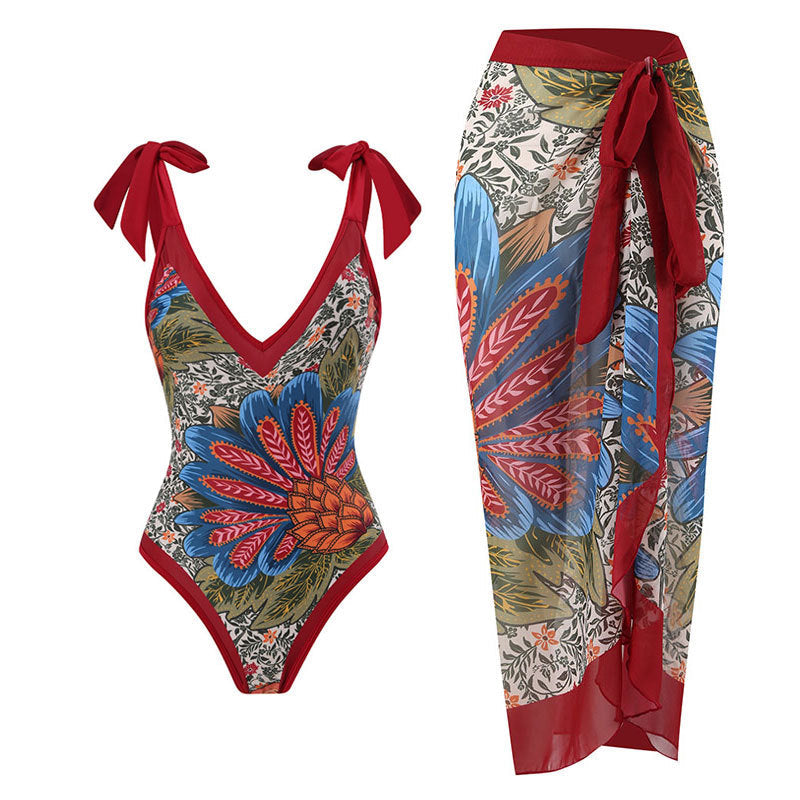 Print One Piece Swimsuit and Splicing Sarong