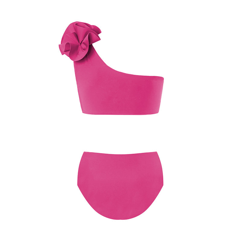 Vioye 3D Flower One Shoulder High Waist Rose Red Bikini Swimsuit