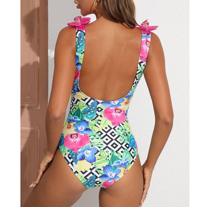 3D orchid Print One Piece Swimsuit and Sarong