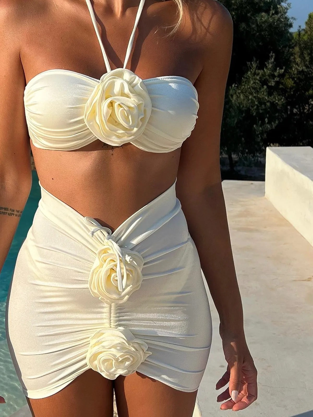 3D Flower Halter Bikini Swimsuit and Skirt