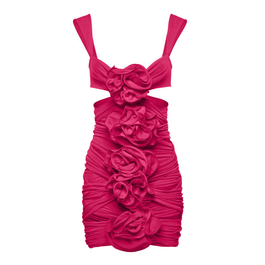 Vioye Rose Red 3D Flower Cutout One Piece Swimsuit and Skirt
