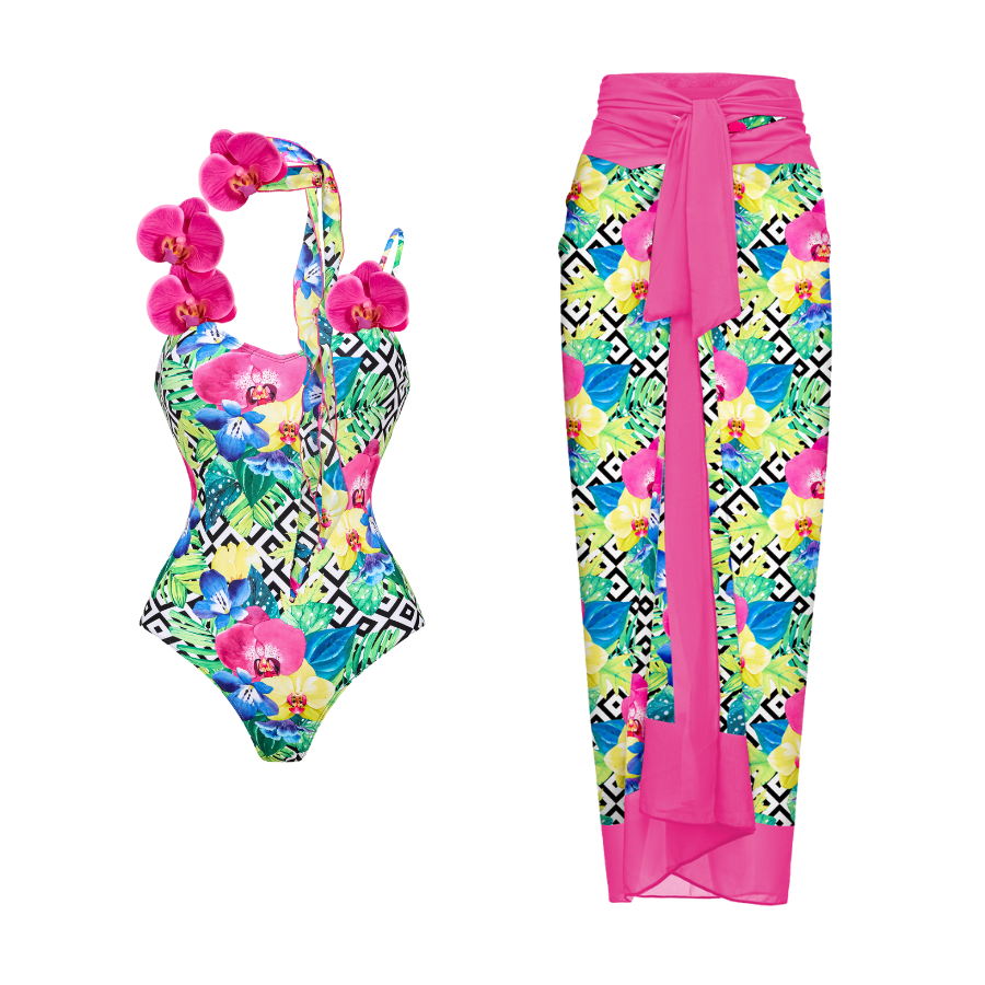 3D orchid Print Ribbon One Piece Swimsuit and Sarong